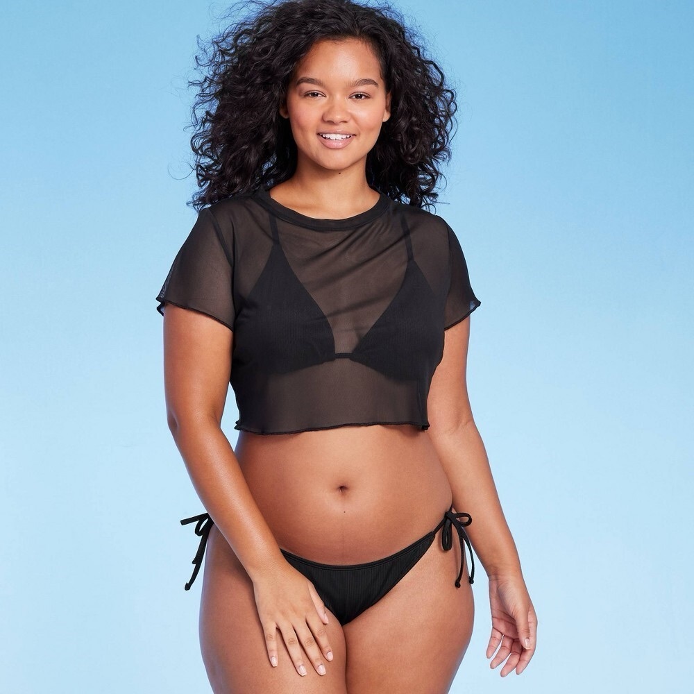 wild fable Black Sheer Short-Sleeve Cropped Swim Coverup